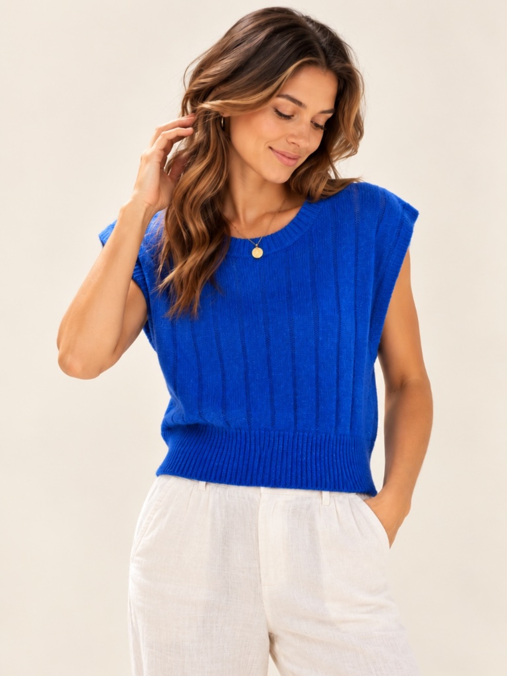 Victoire Silk Blend Royal Cobalt Blue Cable Knit Sweater Cap Sleeve Pullover